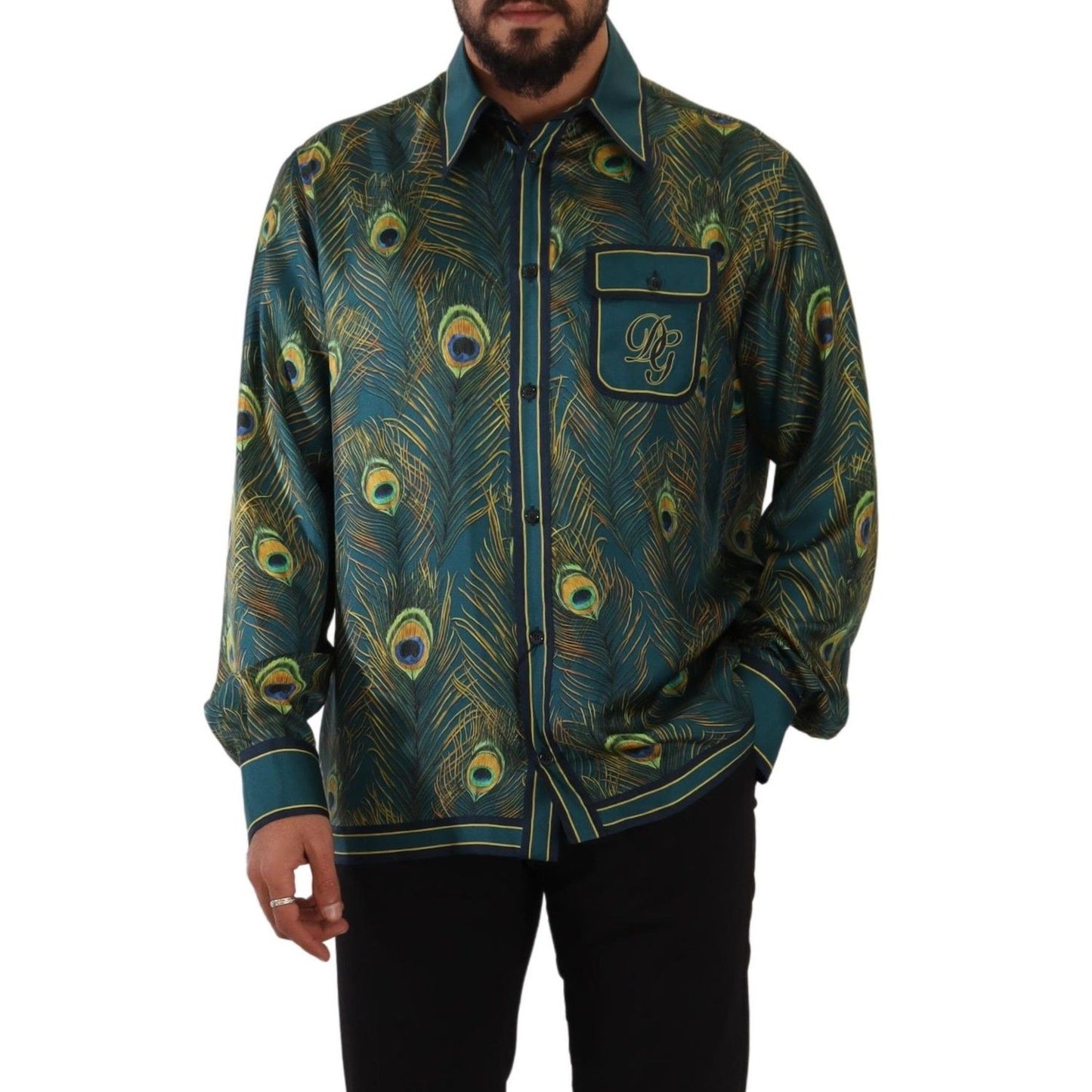 Dolce & Gabbana Peacock Feather Print Silk Pajama Mens Shirt