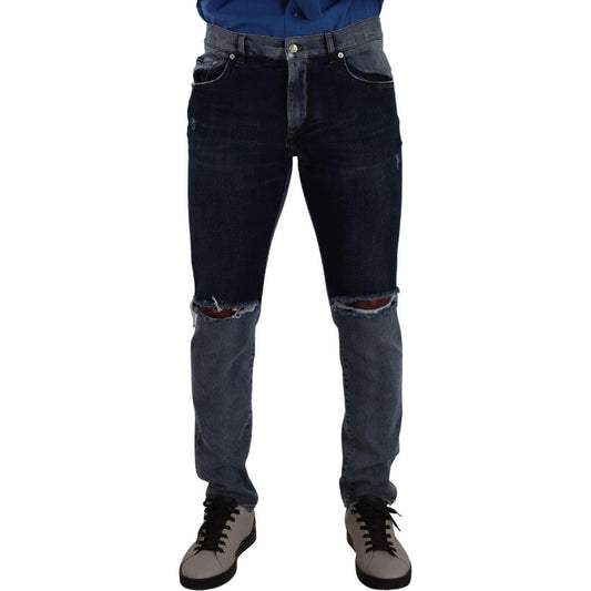 Dolce & Gabbana Blue Two Tone Tattered Cotton Slim Denim Jeans 1728,67345645728,Blue,Clothing,Dolce & Gabbana,IT48 | M,Jeans & Pants - Men - Clothing,Jeans Denim - Clothing,Material: 98% Cotton 2% Elastane,Men,Men - Clothing,New with tags,Skinny Jeans - J