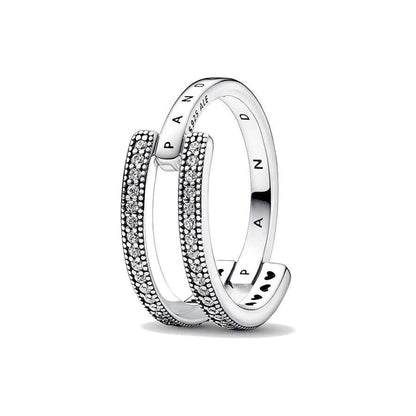 PANDORA JEWELS Mod. SIGNATURE LOGO & PAVE DOUBLE BAND - RING - Size 54