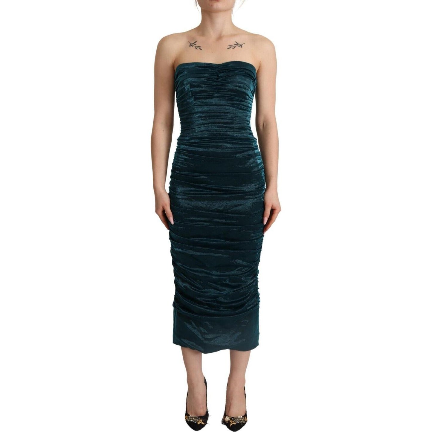 Dolce & Gabbana Turquoise Bustier Bodice Draped Midi Dress.