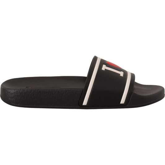 Dolce & Gabbana Black Leather I Love D&G Slides Sandals