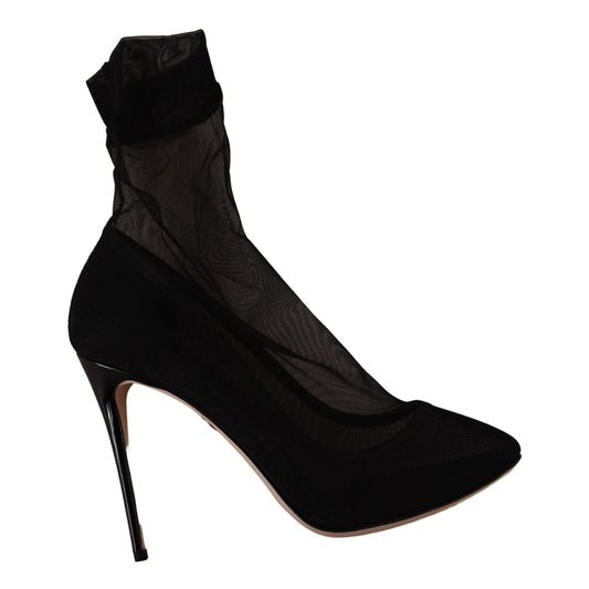 Dolce & Gabbana Black Stretch Tulle Stretch Boots Shoes