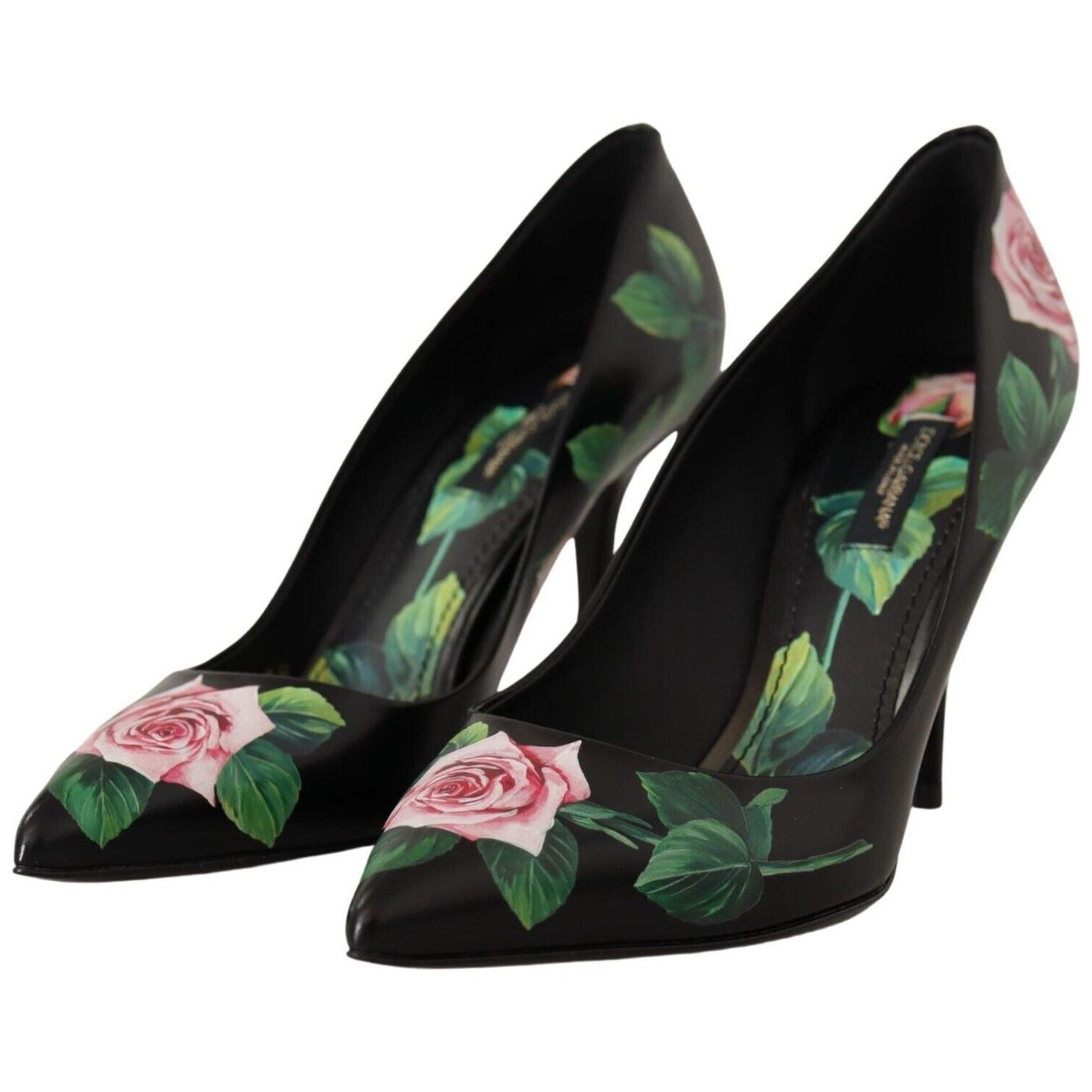 Dolce & Gabbana Elegant Black Rose Print Leather Heels Dolce & Gabbana