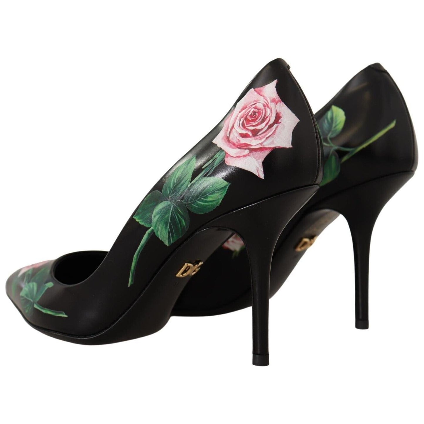 Dolce & Gabbana Elegant Black Rose Print Leather Heels Dolce & Gabbana