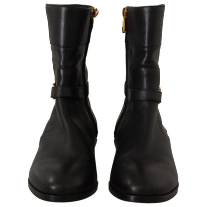 Dolce & Gabbana Black Leather Flats Logo Short Boots Shoes