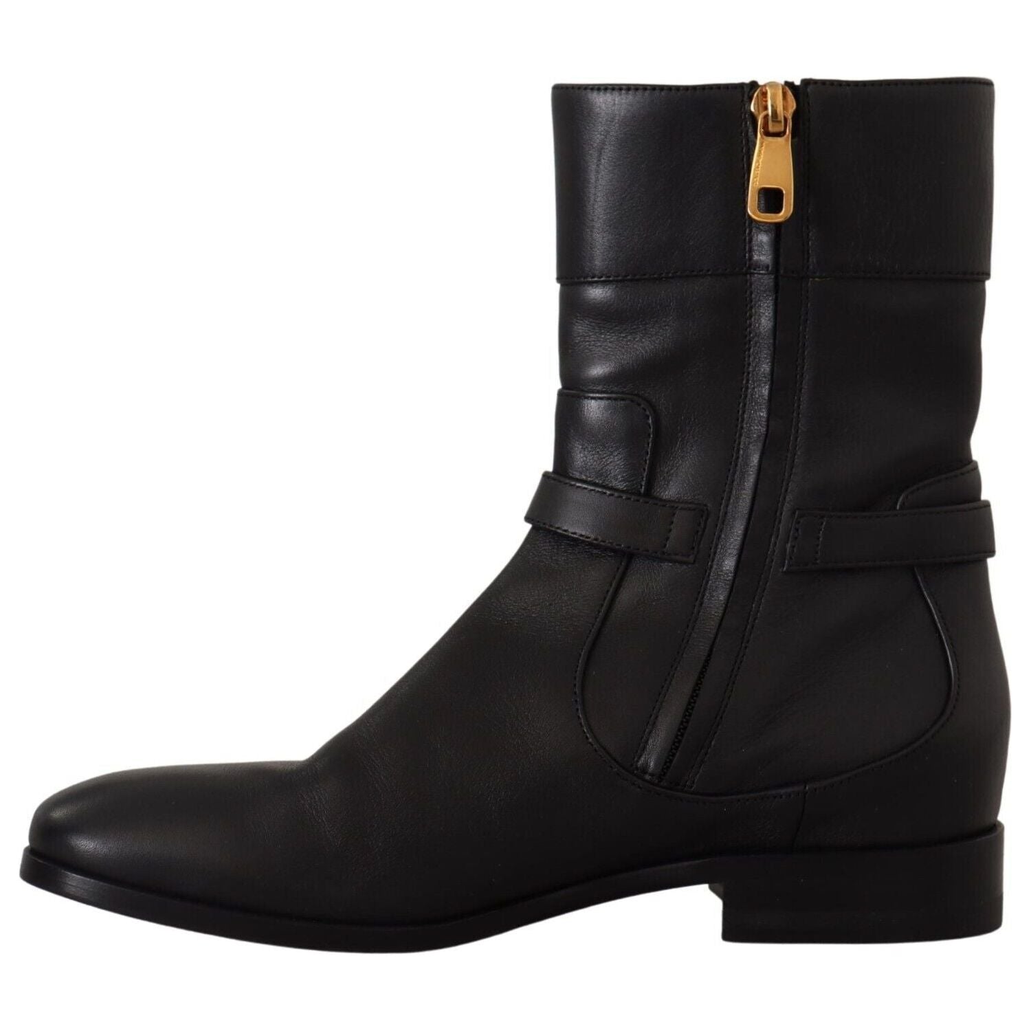 Dolce & Gabbana Black Leather Flats Logo Short Boots Shoes