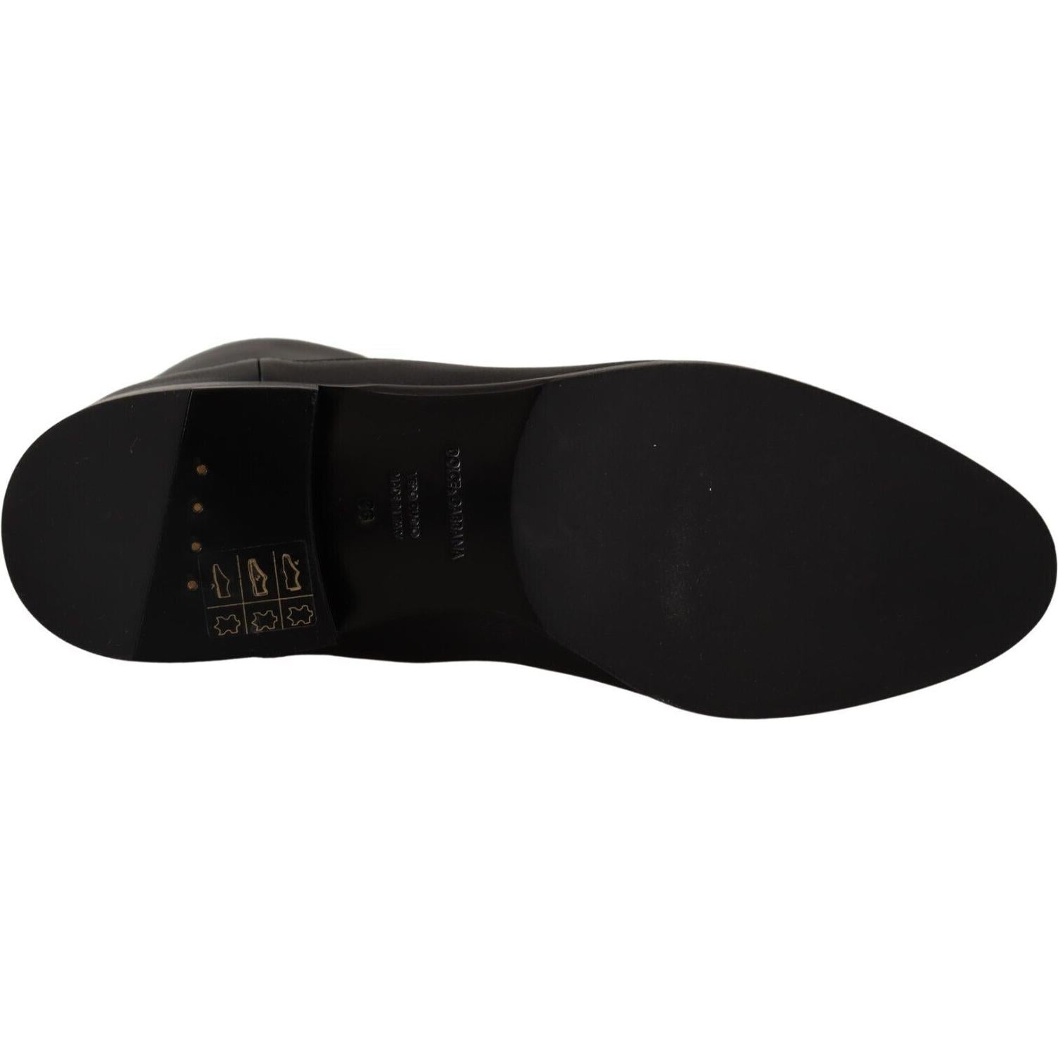 Dolce & Gabbana Black Leather Flats Logo Short Boots Shoes