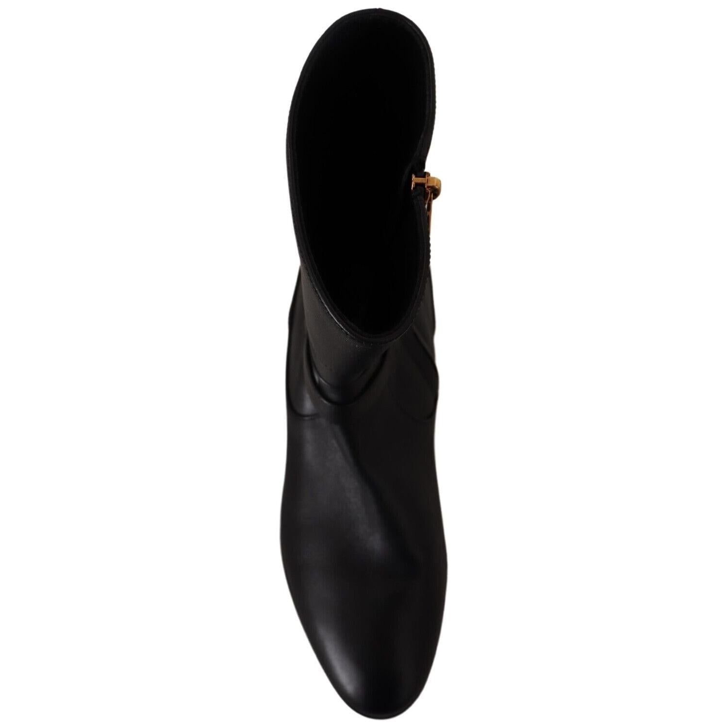 Dolce & Gabbana Black Leather Flats Logo Short Boots Shoes