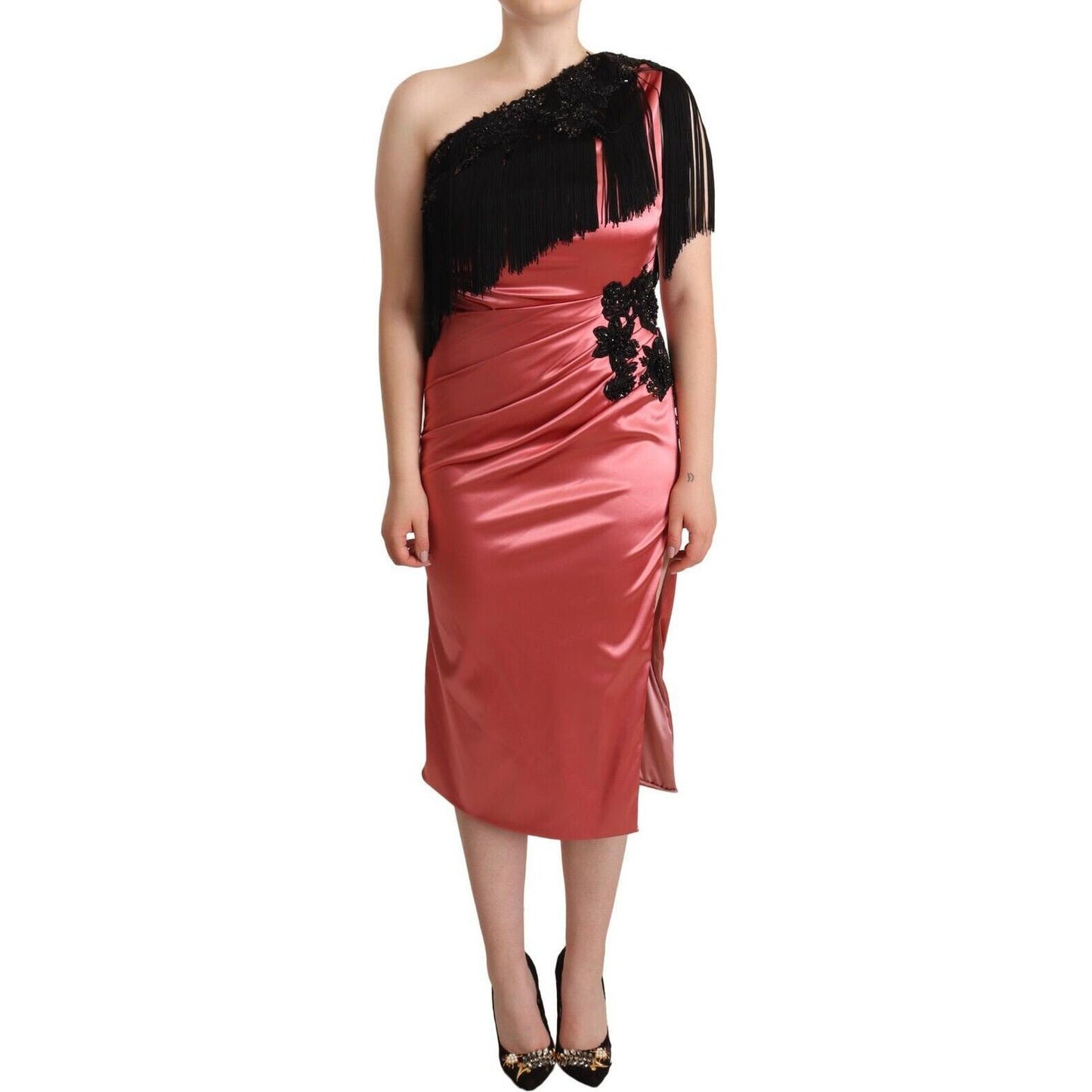 Dolce & Gabbana Elegant Pink Maxi Dress with Black Tassel Accent Dolce & Gabbana