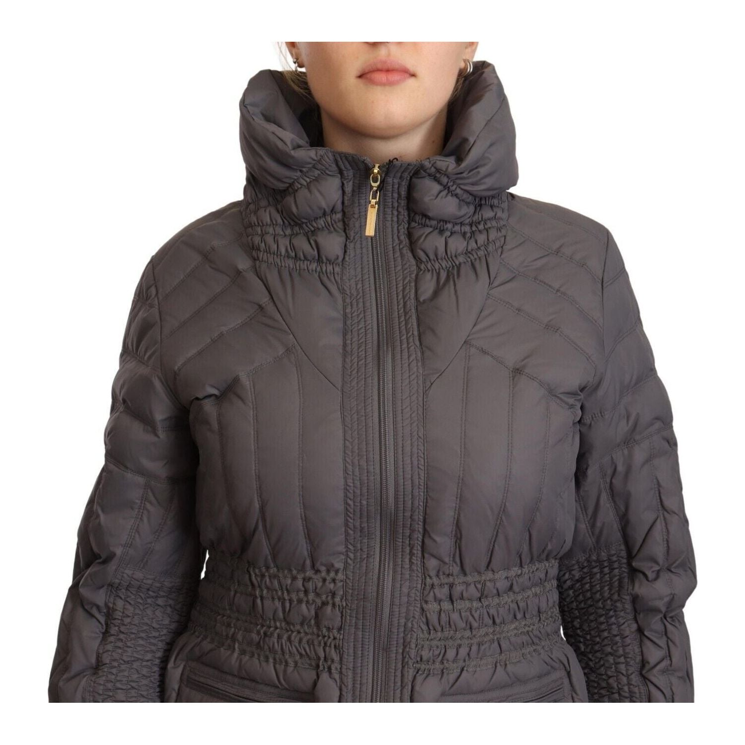 Roccobarocco Gray Quilted Long Sleeves Logo Patch Full Zip Jacket