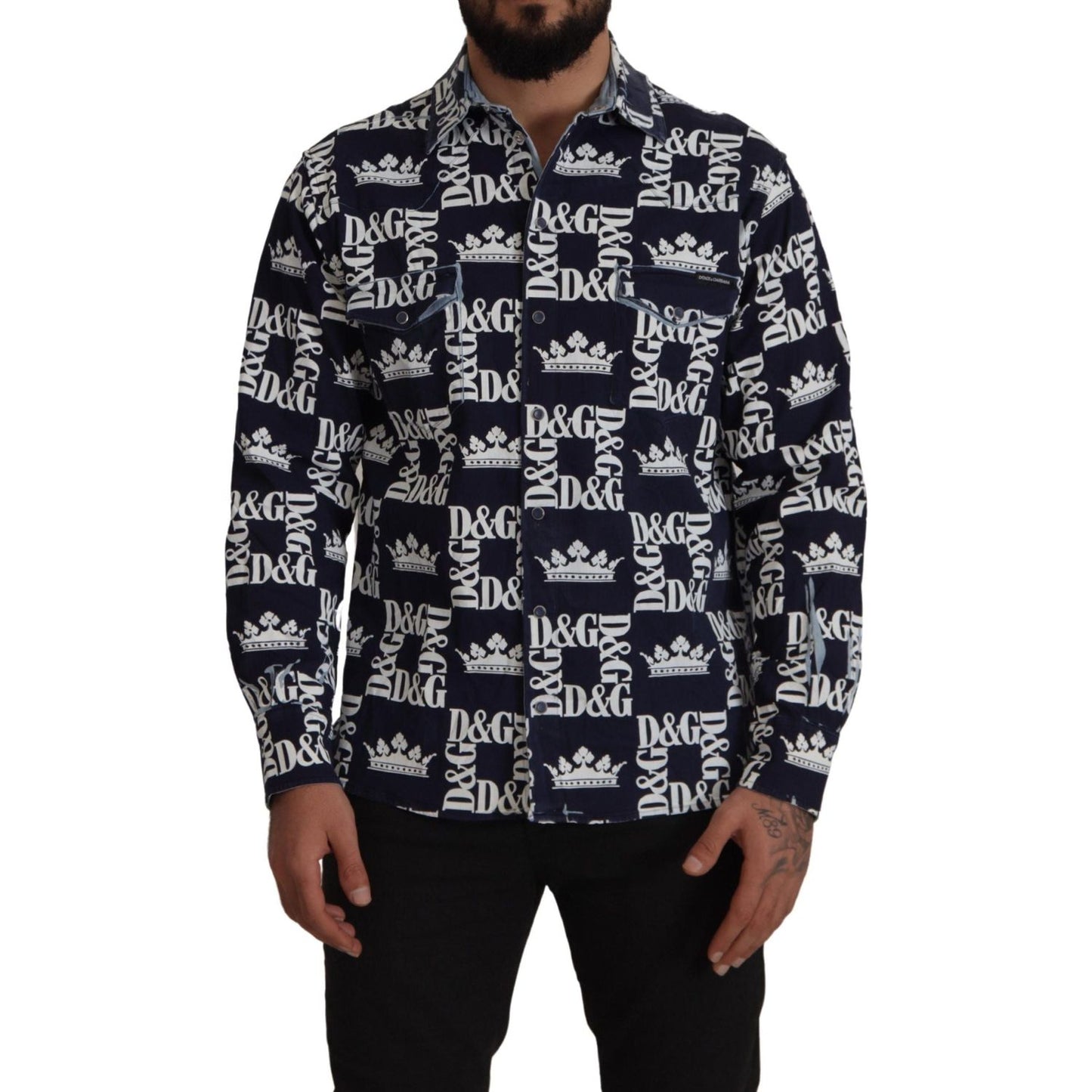 Dolce & Gabbana Blue Denim Stretch DG Crown Logo Casual Shirt