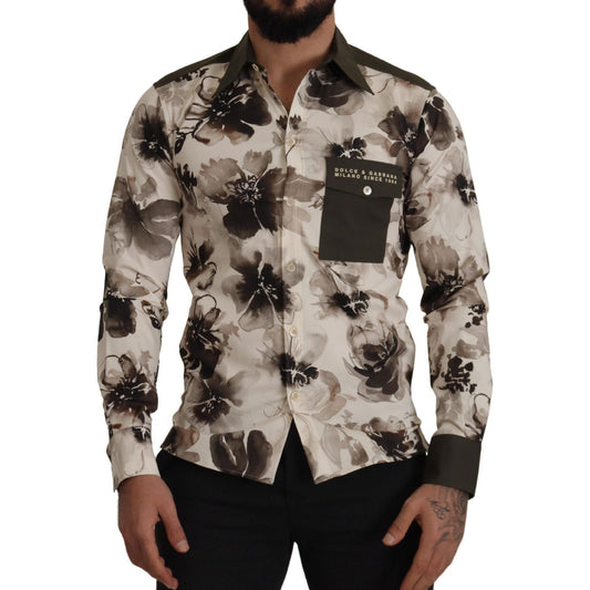 Dolce & Gabbana Green Beige Floral Cotton Stretch Exclusive Shirt 1728,2% Elastane,67345645728,Clothing,Dolce & Gabbana,Green,IT38 | XS,Material: 98% Cotton,Men,Men - Clothing,New with tags,Pattern - Shirts - Clothing,Shirts - Clothing,Shirts - Men - Clot