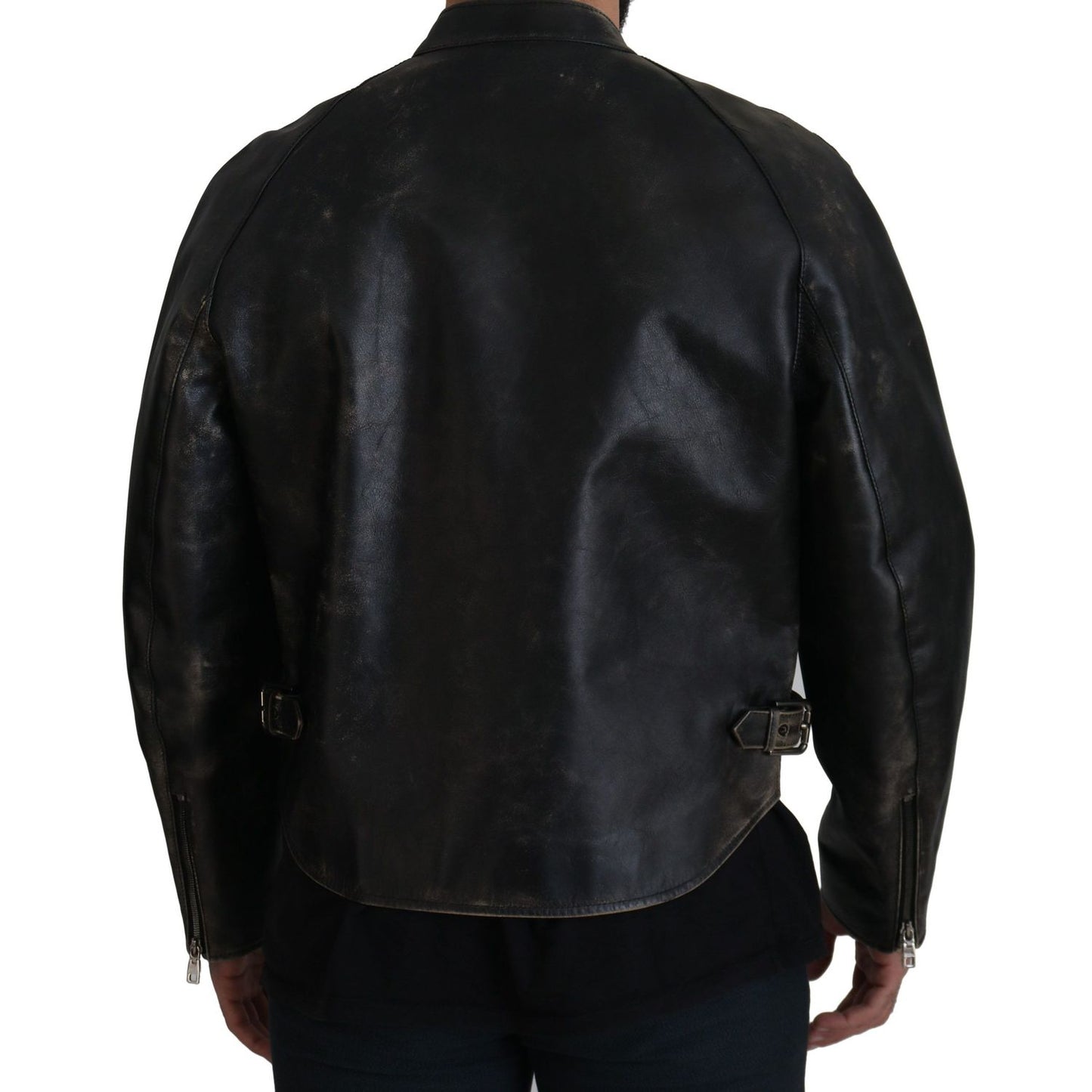 Dolce & Gabbana Black Leather Zipper Biker Coat Jacket