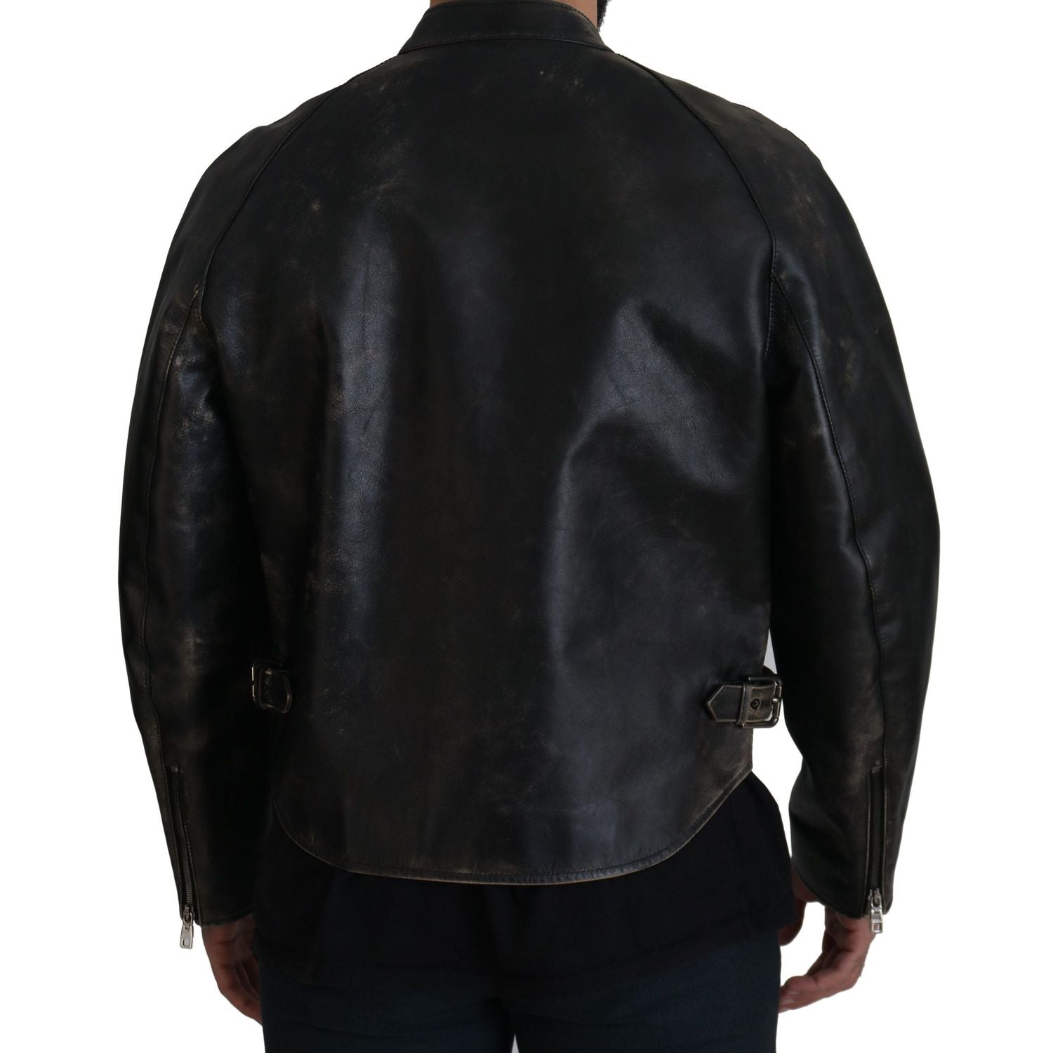 Dolce & Gabbana Black Leather Zipper Biker Coat Jacket