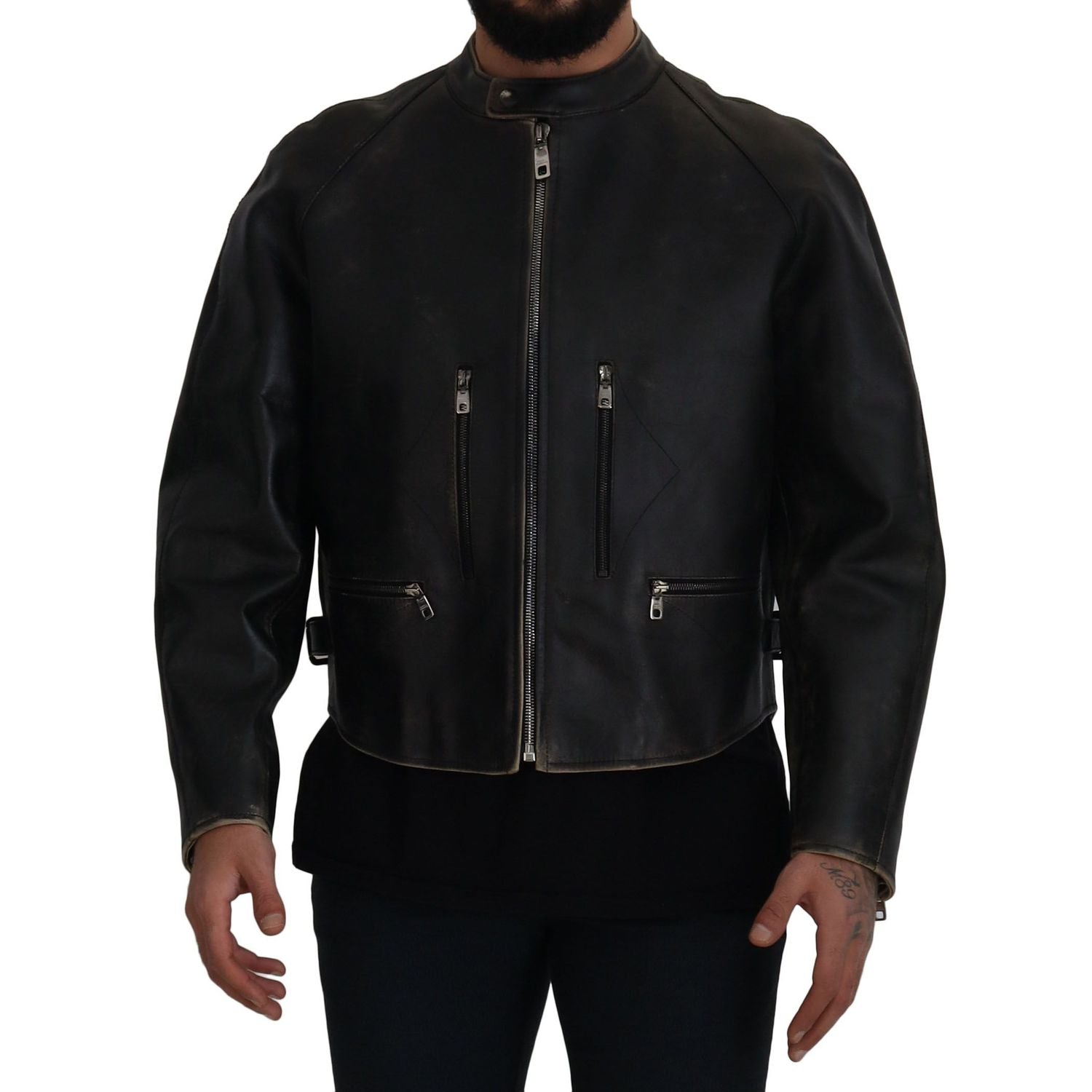 Dolce & Gabbana Black Leather Zipper Biker Coat Jacket