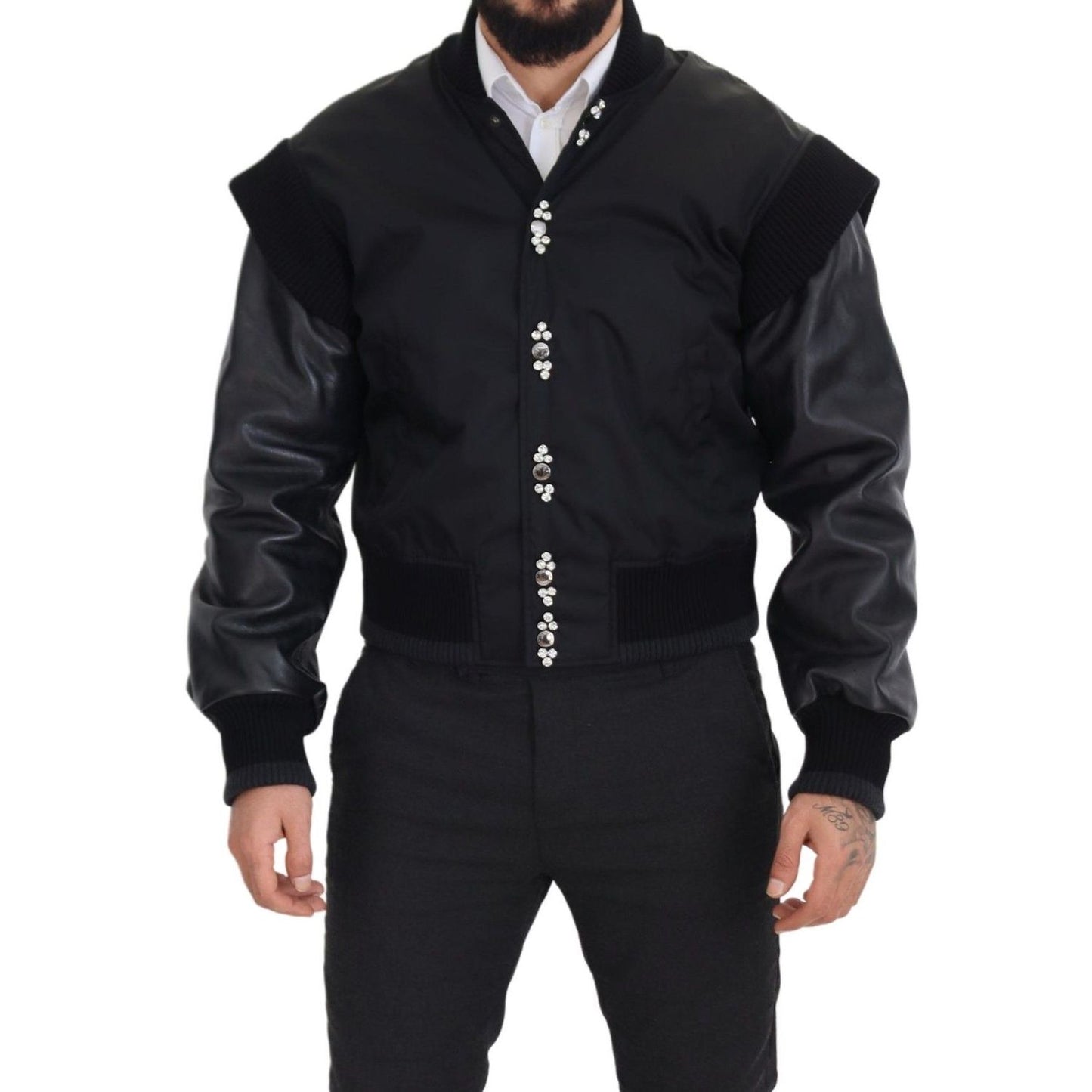 Dolce & Gabbana Black Nylon Crystals Coat Buttons Jacket