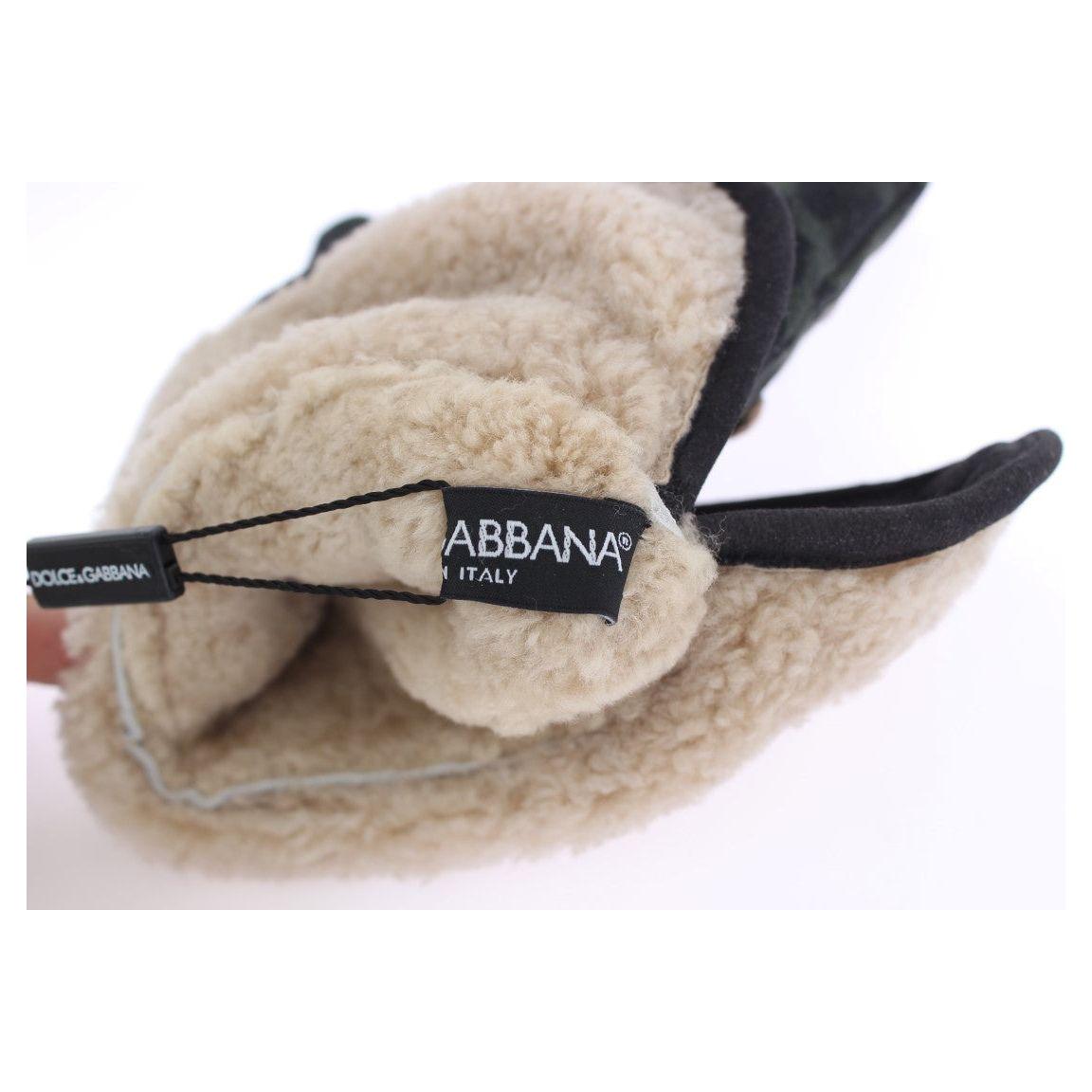Dolce & Gabbana Gray Wool Shearling Studded Green Leopard Gloves
