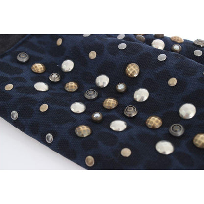 Dolce & Gabbana Gray Wool Shearling Studded Blue Leopard Gloves