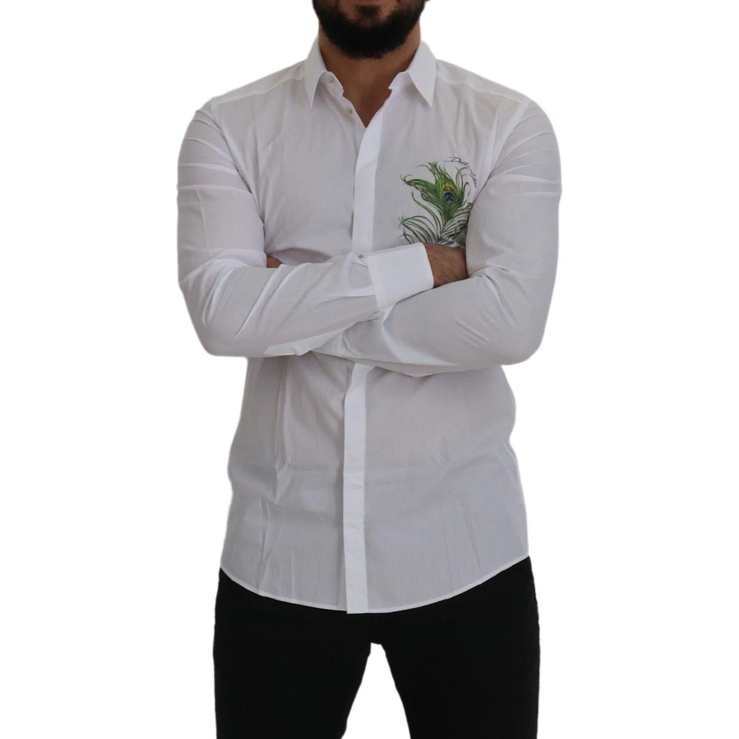 Dolce & Gabbana White Cotton Peacock Feather Formal GOLD Shirt