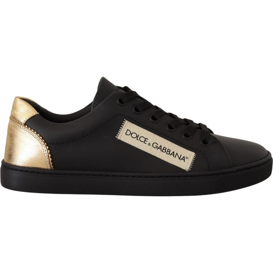 Dolce & Gabbana Black Gold Leather Low Top Sneakers Womens Shoes