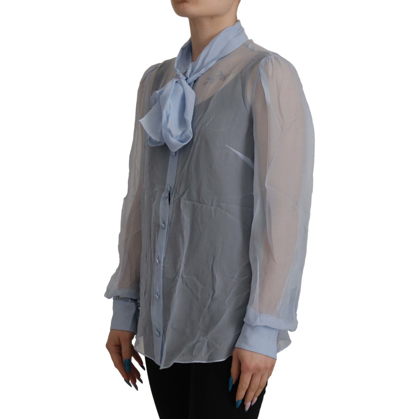 Dolce & Gabbana Elegant Silk Ascot Collar Blouse in Light Blue Dolce & Gabbana