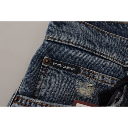 Dolce & Gabbana Blue Denim Baroque Heart Logo Patch Pants Jeans