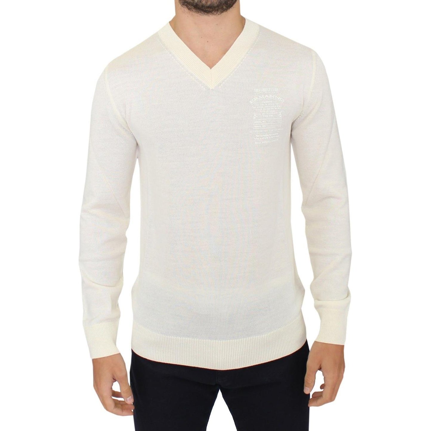 Ermanno Scervino Off White Wool Blend V-neck Pullover Sweater 1728,50% Wool,67345645728,Clothing,Ermanno Scervino,IT46 | S,Material: 50% Acrylic,Men,Men - Clothing,New with tags,Sweaters - Clothing,Sweaters - Men - Clothing,Sweatshirts - Sweaters - Clothi