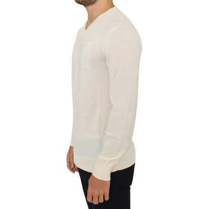 Ermanno Scervino Off White Wool Blend V-neck Pullover Sweater 1728,50% Wool,67345645728,Clothing,Ermanno Scervino,IT46 | S,Material: 50% Acrylic,Men,Men - Clothing,New with tags,Sweaters - Clothing,Sweaters - Men - Clothing,Sweatshirts - Sweaters - Clothi