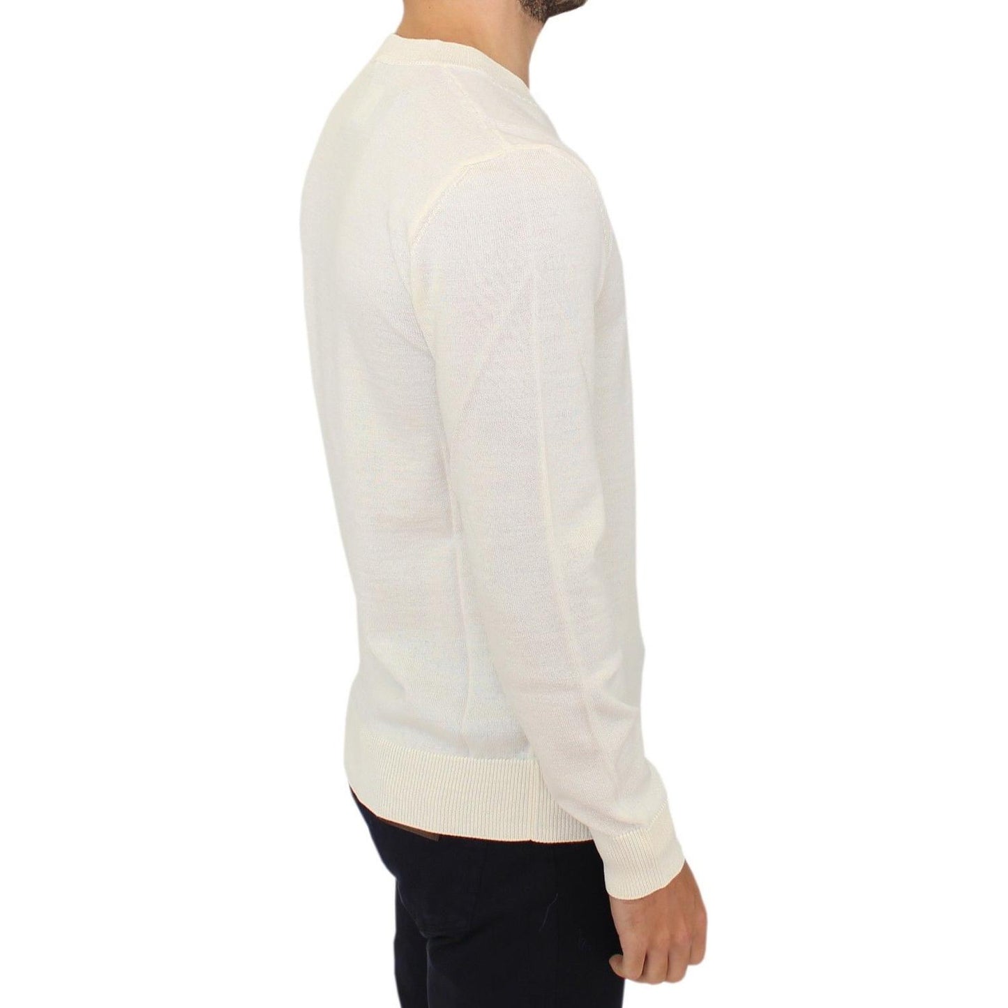 Ermanno Scervino Off White Wool Blend V-neck Pullover Sweater 1728,50% Wool,67345645728,Clothing,Ermanno Scervino,IT46 | S,Material: 50% Acrylic,Men,Men - Clothing,New with tags,Sweaters - Clothing,Sweaters - Men - Clothing,Sweatshirts - Sweaters - Clothi