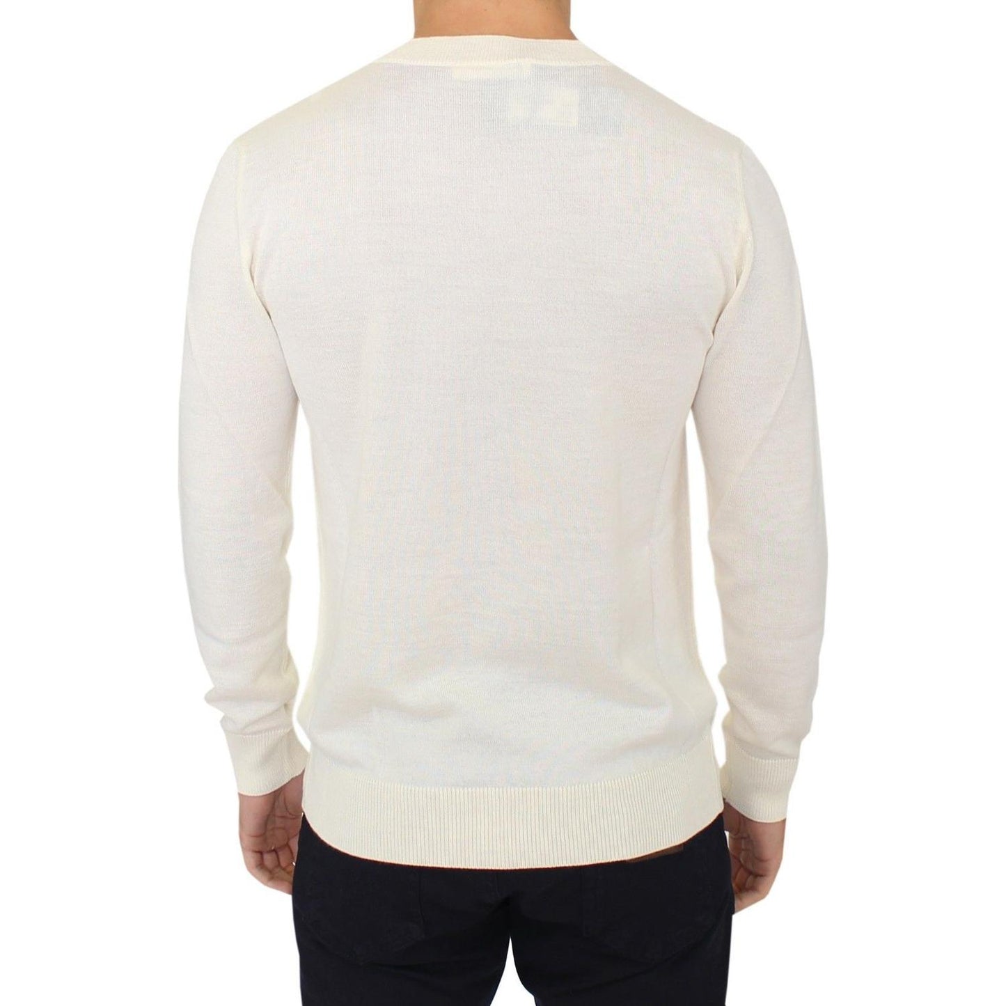 Ermanno Scervino Off White Wool Blend V-neck Pullover Sweater 1728,50% Wool,67345645728,Clothing,Ermanno Scervino,IT46 | S,Material: 50% Acrylic,Men,Men - Clothing,New with tags,Sweaters - Clothing,Sweaters - Men - Clothing,Sweatshirts - Sweaters - Clothi