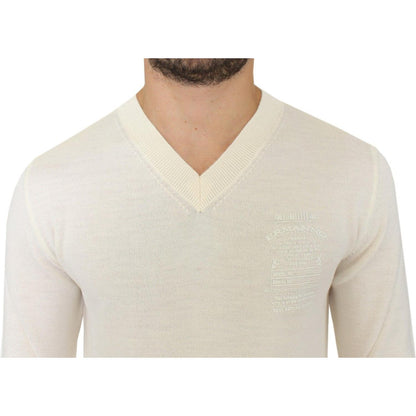 Ermanno Scervino Off White Wool Blend V-neck Pullover Sweater 1728,50% Wool,67345645728,Clothing,Ermanno Scervino,IT46 | S,Material: 50% Acrylic,Men,Men - Clothing,New with tags,Sweaters - Clothing,Sweaters - Men - Clothing,Sweatshirts - Sweaters - Clothi