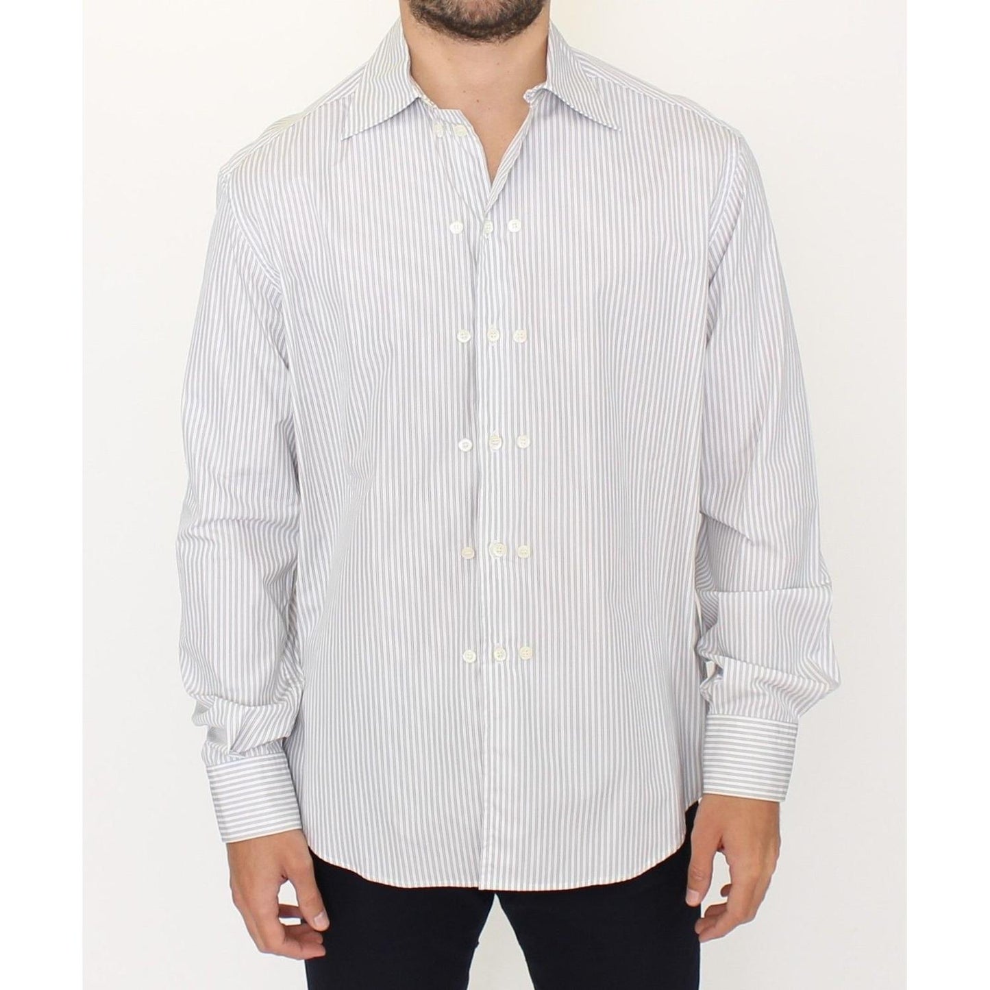 Ermanno Scervino White Gray Striped Regular Fit Casual Shirt 1728,67345645728,Clothing,Dress Shirts - Shirts - Clothing,Ermanno Scervino,IT50 | L,Material: 100% Cotton,Men,Men - Clothing,New with tags,Shirts - Clothing,Shirts - Men - Clothing,White