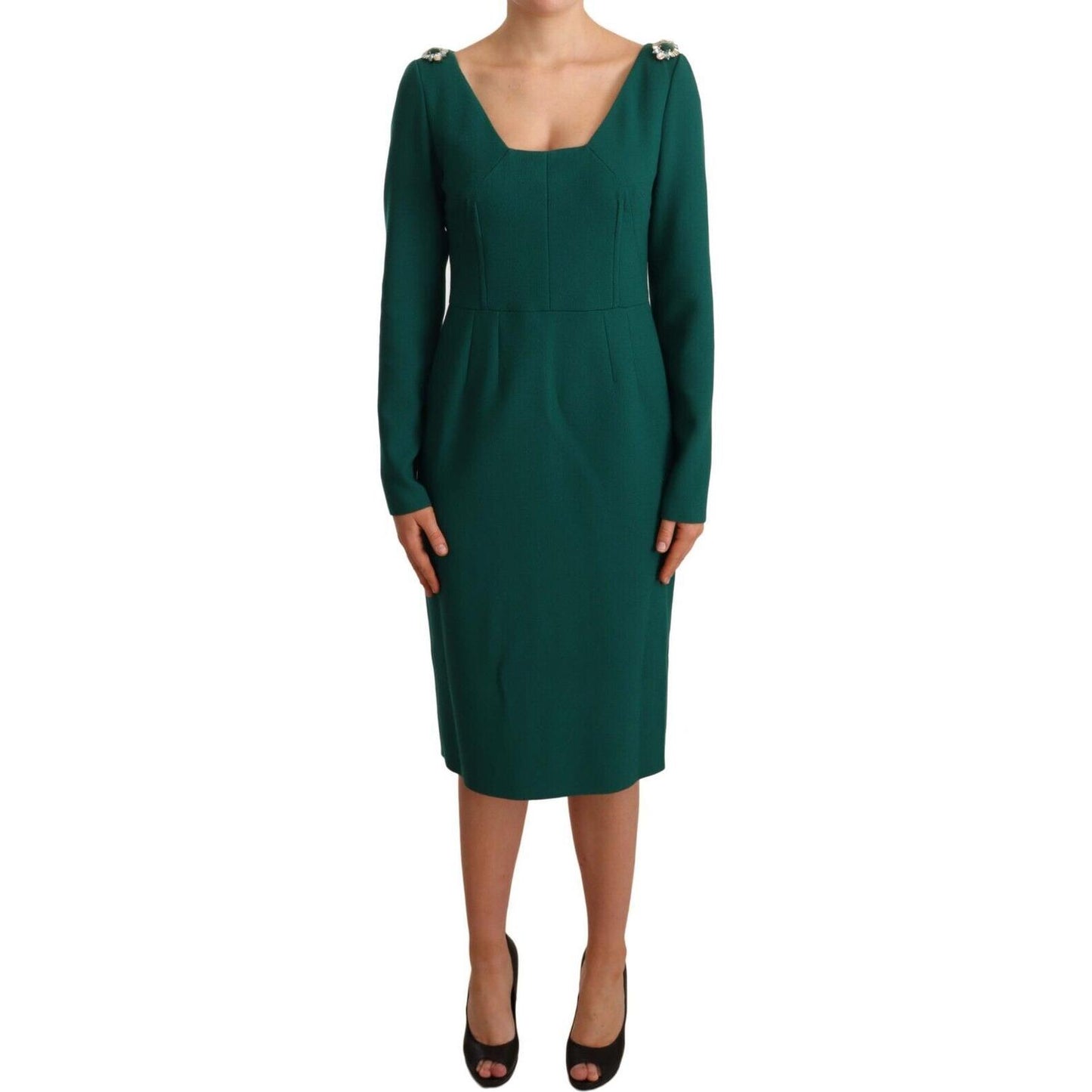 Dolce & Gabbana Emerald Green Midi Sheath Dress with Crystal Brooch Dolce & Gabbana