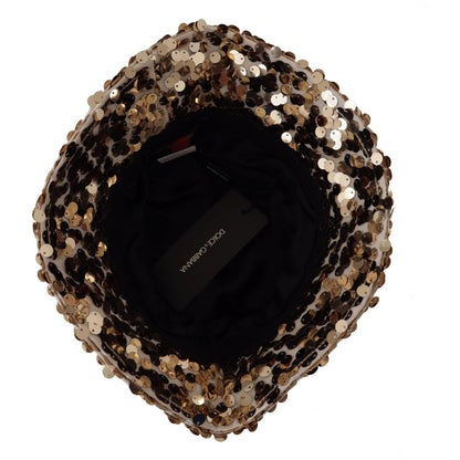 Dolce & Gabbana Gold Silk Sequin Embellished Designer Brim Bucket Hat