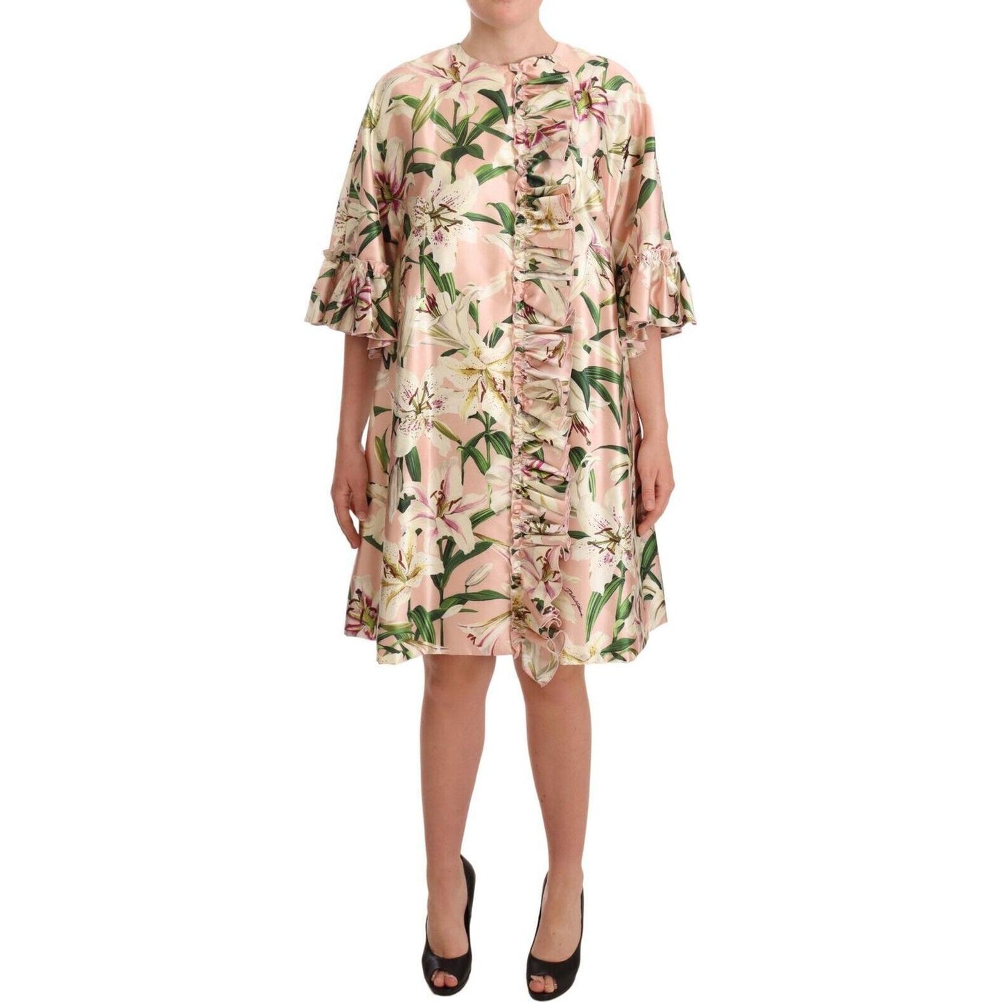 Dolce & Gabbana Elegant Floral Ruffled Silk Long Coat Dolce & Gabbana