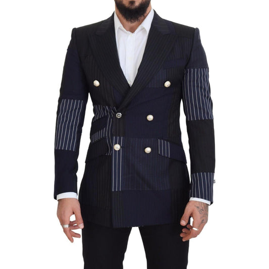 Dolce & Gabbana Blue Wool Patchwork Double Breasted Blazer 12% Wool,1728,2% Elastane,3% Silk,6% Polyester,67345645728,Blazers - Men - Clothing,Blazers - Suits & Blazers - Clothing,Clothing,Dolce & Gabbana,IT46 | S,Material: 77% Virgin Wool,Men,Men - Cloth
