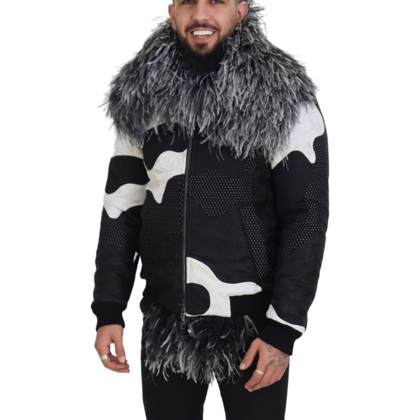 Dolce & Gabbana Elegant Shearling Zip Jacket in Black & White Dolce & Gabbana