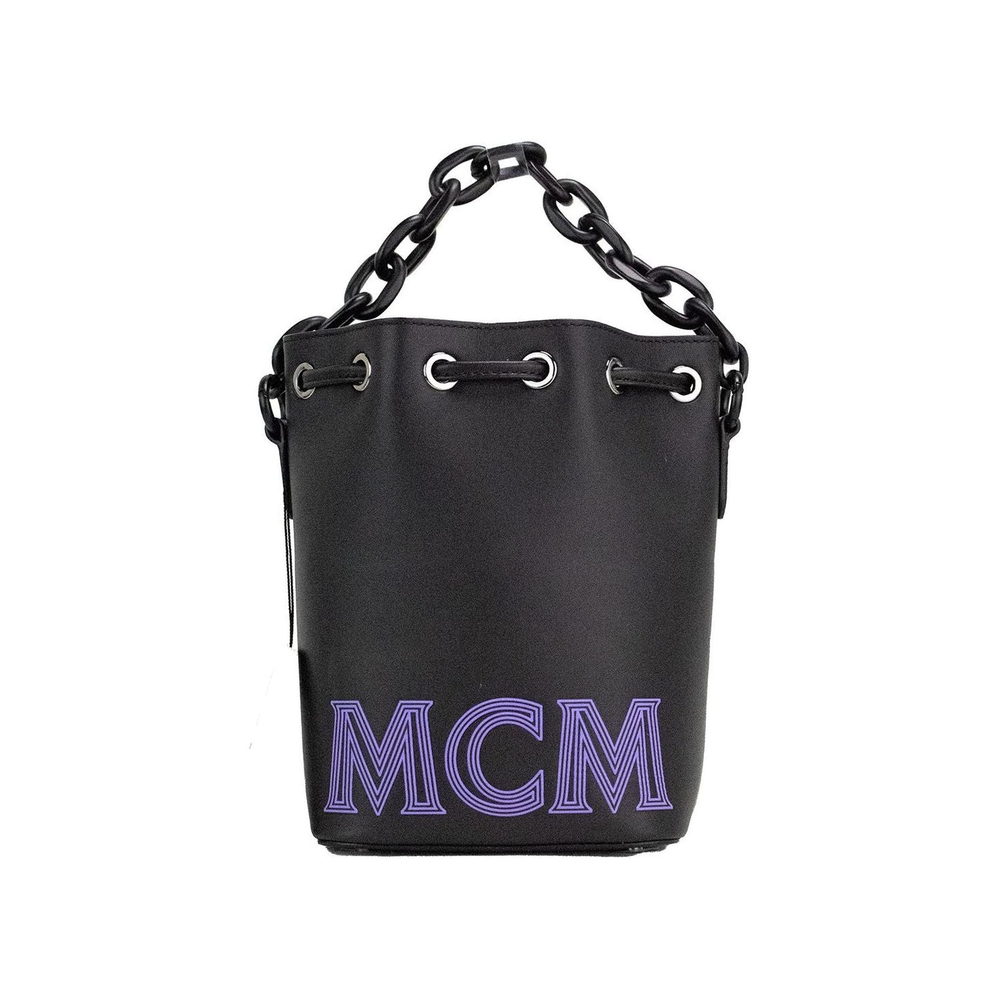 MCM Mini Black Purple Smooth Leather Chain Shoulder Drawstring Bucket Handbag MCM