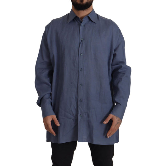 Dolce & Gabbana Dark Blue Linen Slim Fit Dress Formal Men Shirt