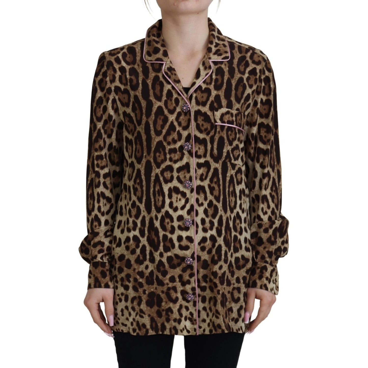 Dolce & Gabbana Brown Leopard Print Long Sleeves Blouse Top