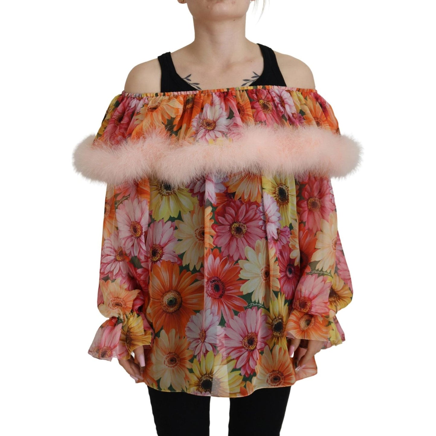 Dolce & Gabbana Multicolor Floral Fur Shearling Blouse Top