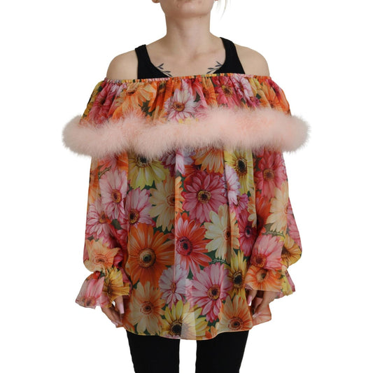 Dolce & Gabbana Multicolor Floral Fur Shearling Blouse Top