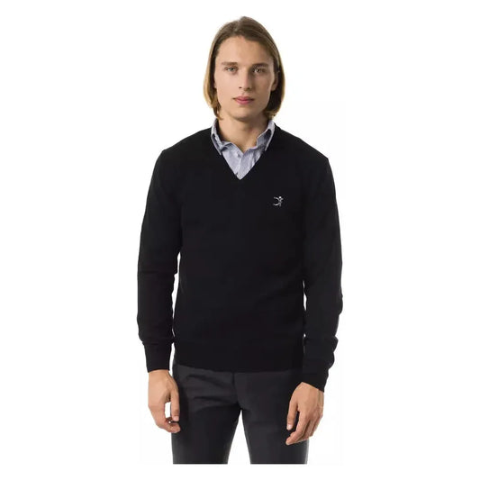Uominitaliani Black Merino Wool Men Sweater 1728,67345744032,Black,Clothing,L,M,Men,Men - Clothing,New with tags,S,Sweaters - Clothing,Sweaters - Men - Clothing,Sweatshirts - Sweaters - Clothing,Uominitaliani,XL,XS,XXL