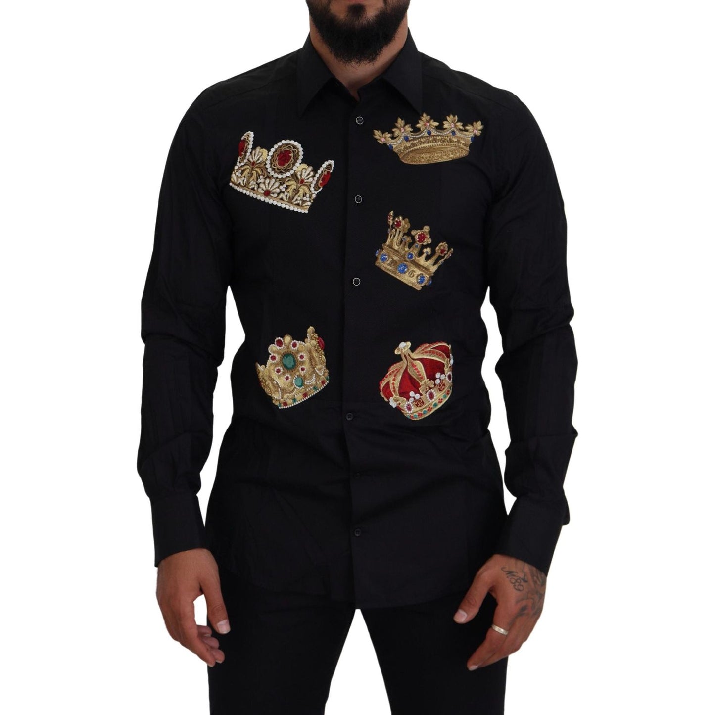 Dolce & Gabbana Elegant Black Slim Fit Dress Shirt with Crown Embroidery Dolce & Gabbana