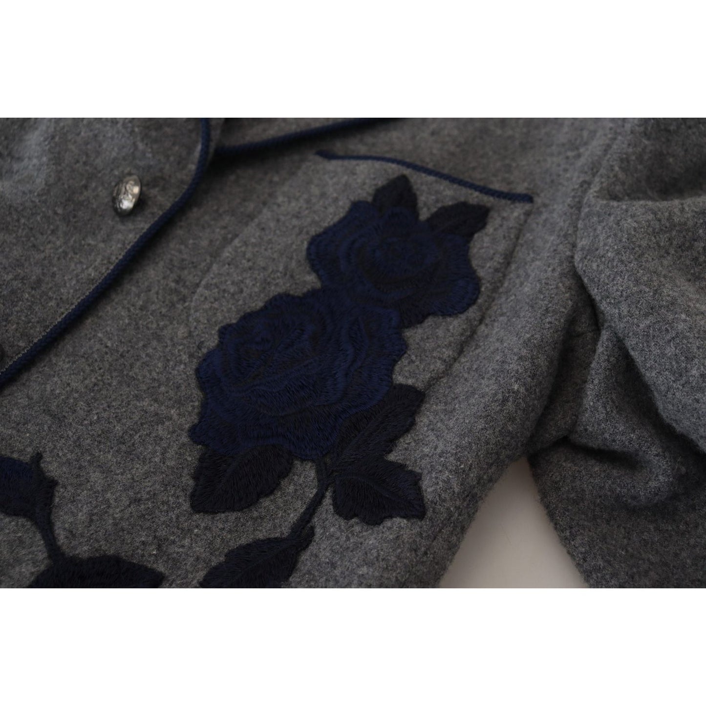 Dolce & Gabbana Elegant Gray Wool Blazer with Blue Rose Embroidery Dolce & Gabbana