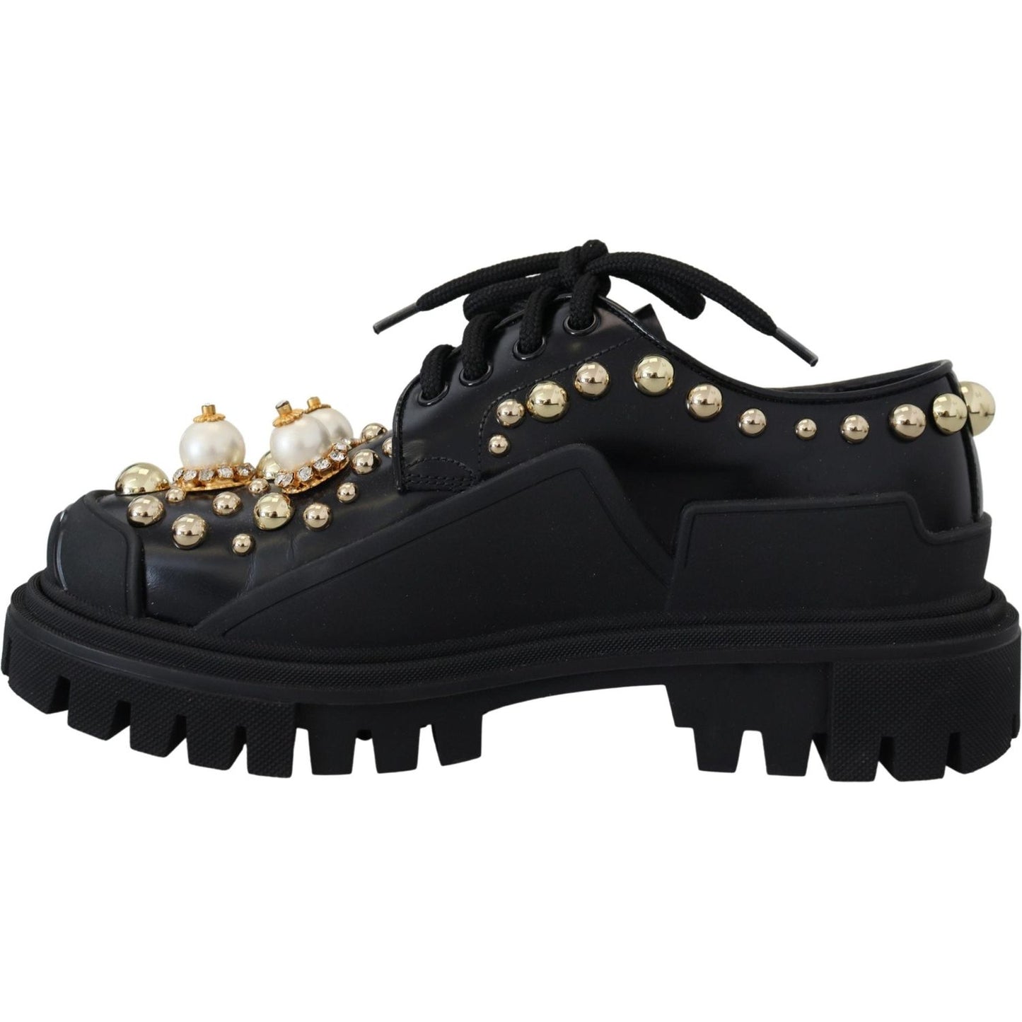 Dolce & Gabbana Timeless Black Leather Derby Flats with Glam Accents Dolce & Gabbana