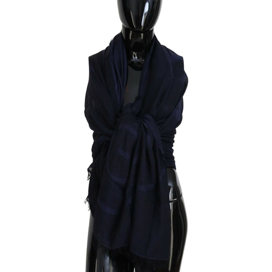 GF Ferre Dark Blue Wool Neck Wrap Shawl Fringes Scarf