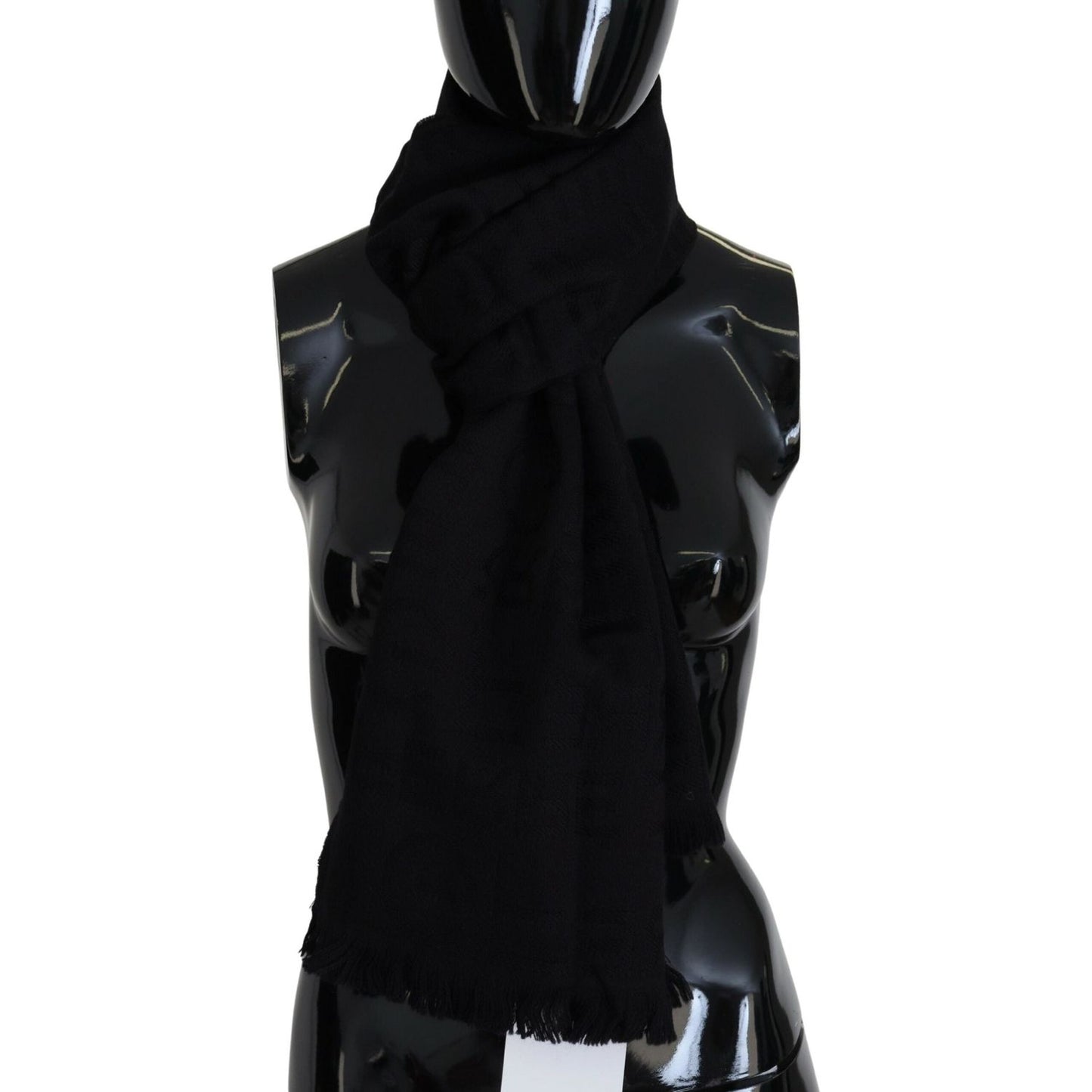 GF Ferre Black Wool Neck Wrap Shawl Fringes Scarf