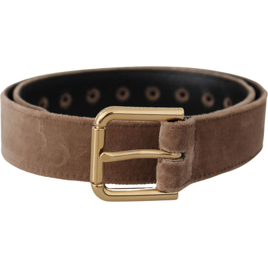 Dolce & Gabbana Light Brown Velvet Gold Tone Logo Metal Buckle Belt