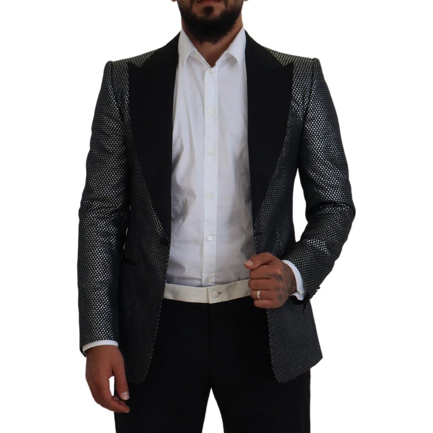 Dolce & Gabbana Black Silver Jacquard Slim Fit Jacket Blazer 15% Silk,1728,67345645728,Black,Blazers - Suits & Blazers - Clothing,Clothing,Dolce & Gabbana,IT46 | S,IT48 | M,Jackets - Men - Clothing,Material: 85% Polyester,Men,Men - Clothing,New with tags,